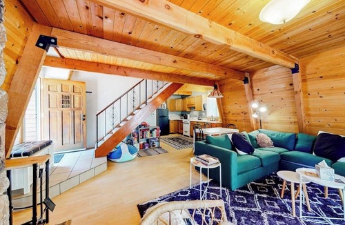 Crestline House | Dog-friendly 2-story home with large deck, tree views, fireplace, & W/D