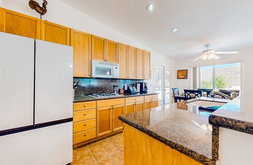Desert Hot Springs House | Dog-friendly home with patio, grill, firepit, outdoor pool, tennis, & fireplace