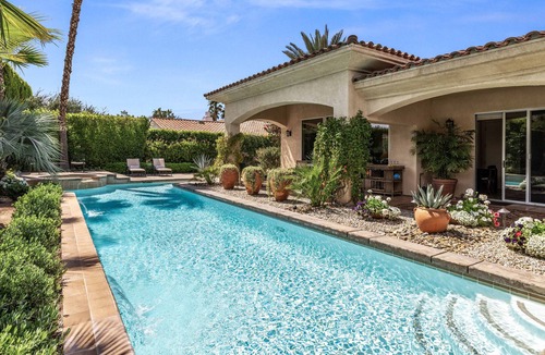 Sunrise Vista Chino House | Exceptional Spanish-style home with private sparkling pool, spa & mountain view
