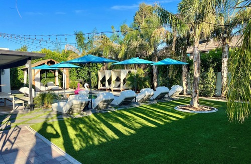 East Mesa Villa | Tropical Retreat with hot tub, heated pool, misters & fire pit