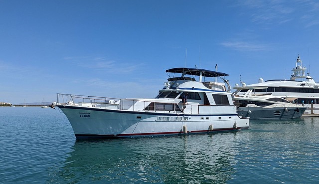 "El Don" is a 65ft Classic Hatteras luxury yacht docked in La Paz, Mexico.