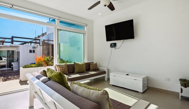 Peaceful dog-friendly villa with outdoor pool, rooftop patio, beach views, & AC